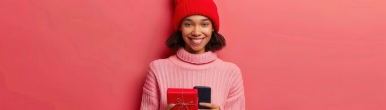 Woman in pink and red holding phone up to a wrapped gift