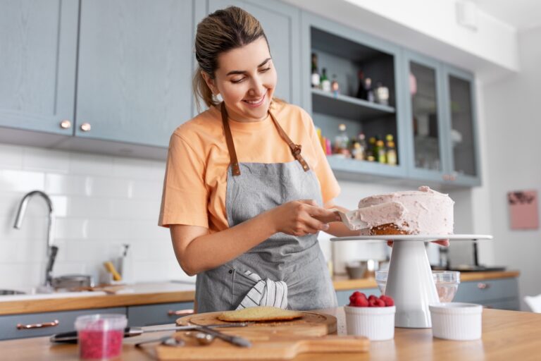 Woman cooking food and baking on kitchen at home